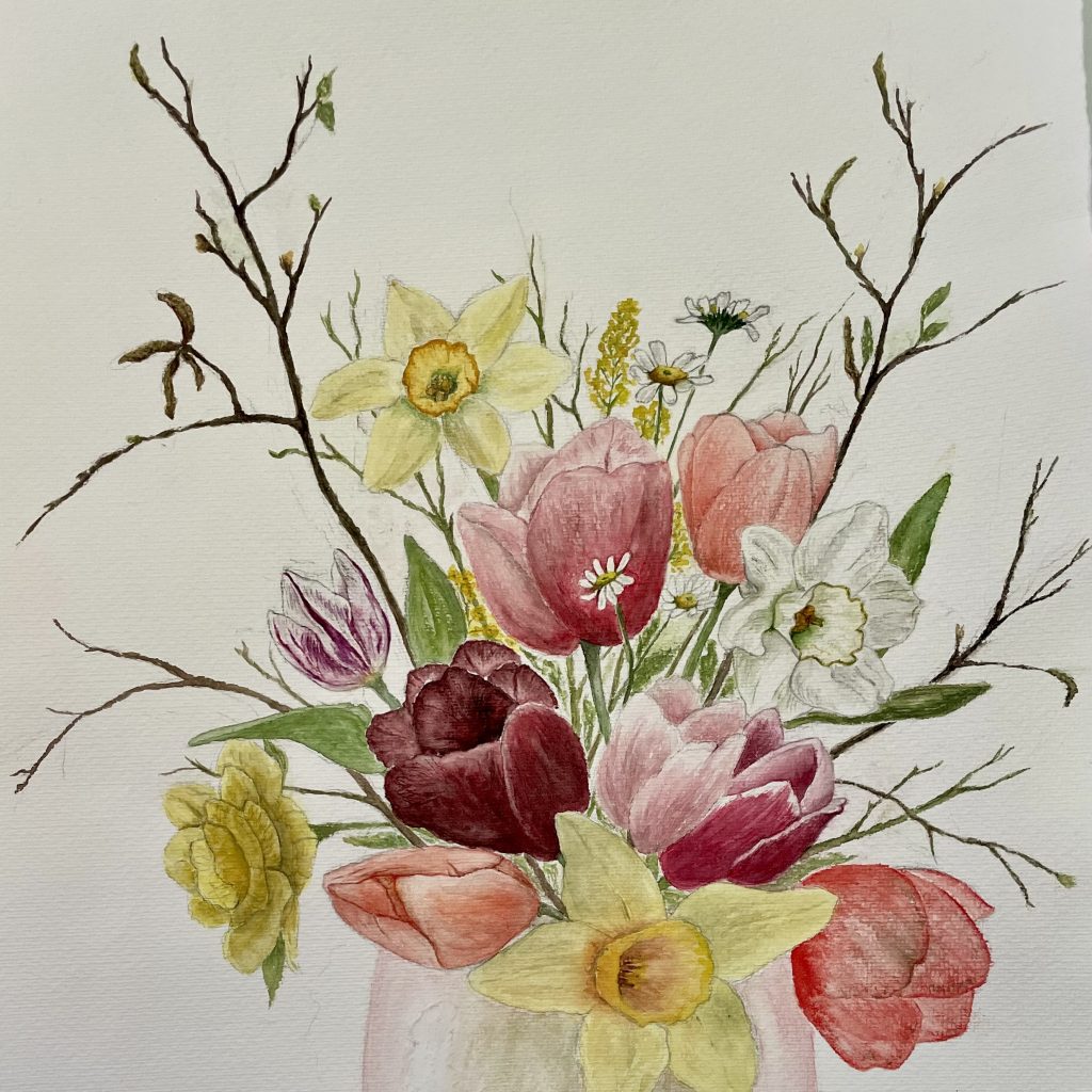 Blumenvase mit Tulpen, Osterglocken Aquarell Natur