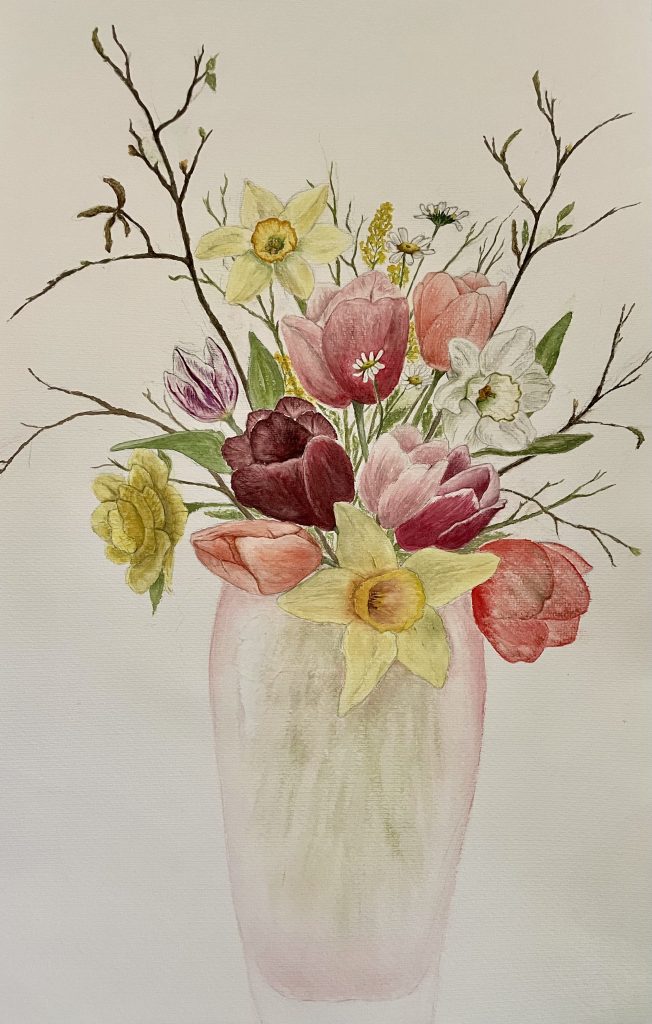 Blumenvase mit Tulpen, Osterglocken Aquarell Natur
