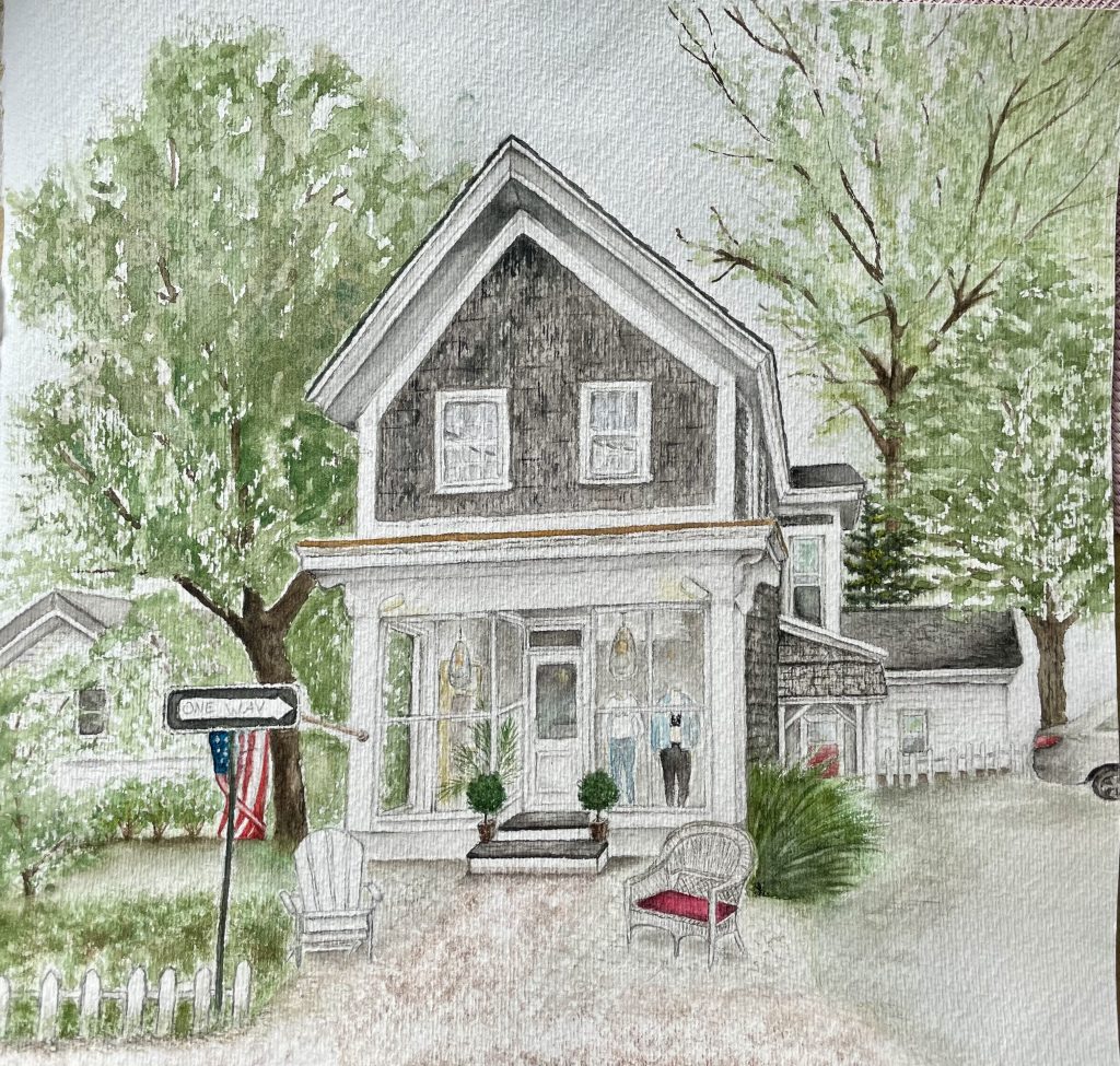 Englisches Haus mit Geschäft mit Sesseln vor der Tür Aquarell Natur