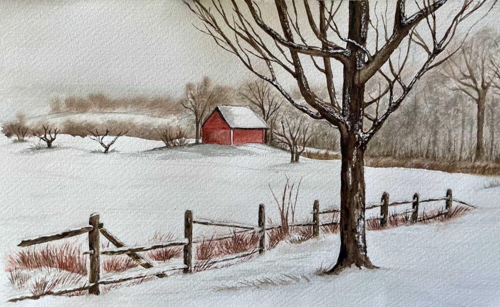 Winterlandschaft mit roter Hütte, Zaun Aquarell Natur
