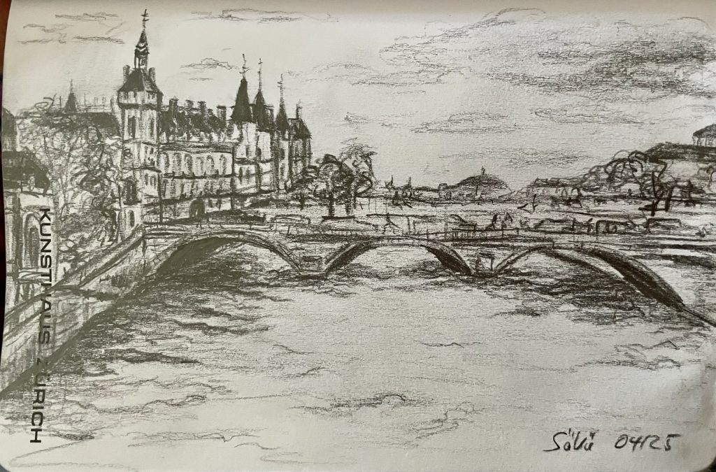 Stadtbild in Bleistift Zeichnung mit Brücke