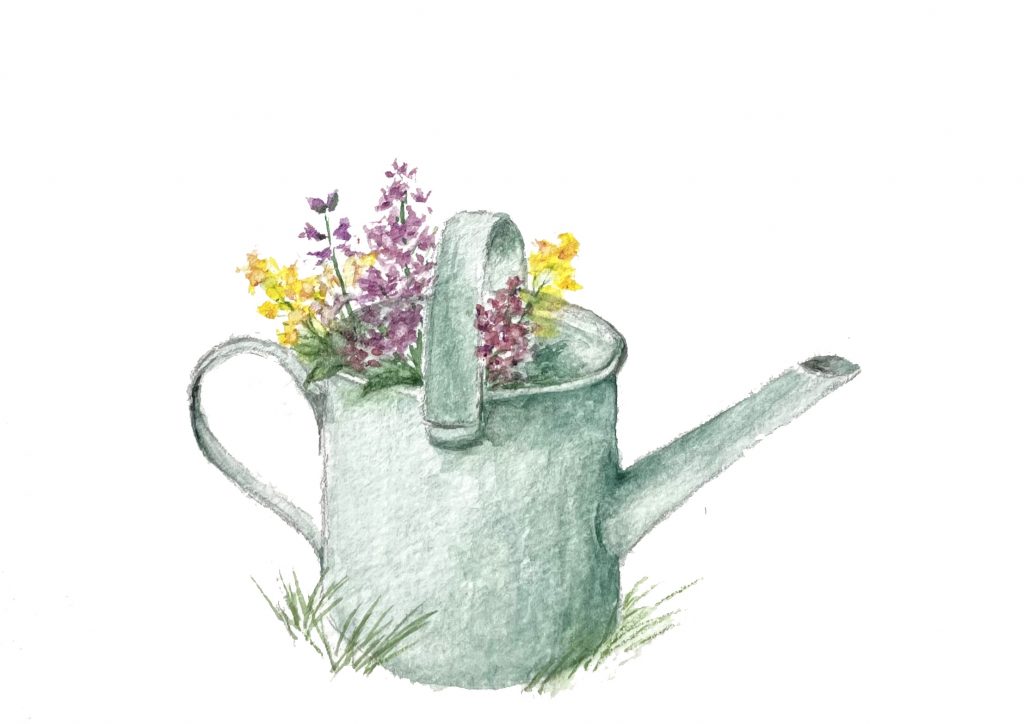 Gieskanne mit Blumen gefüllt