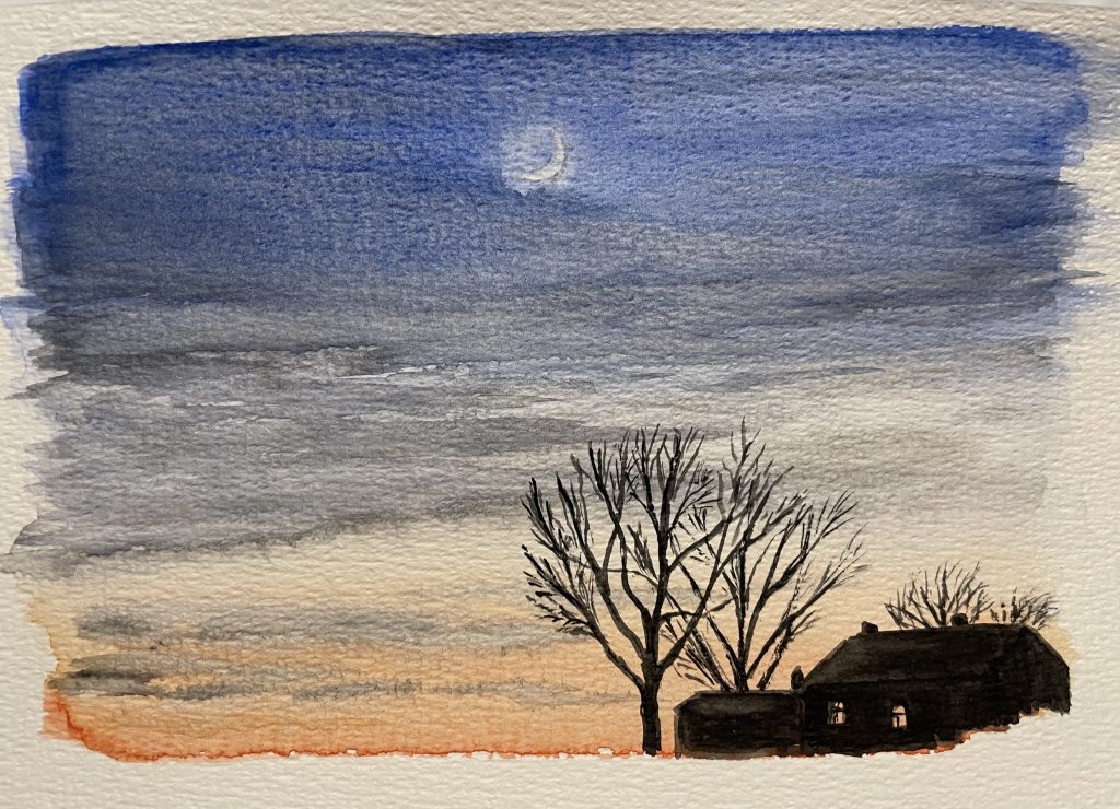 Abendhimmel mit Haus und Bäumen, Aquarell