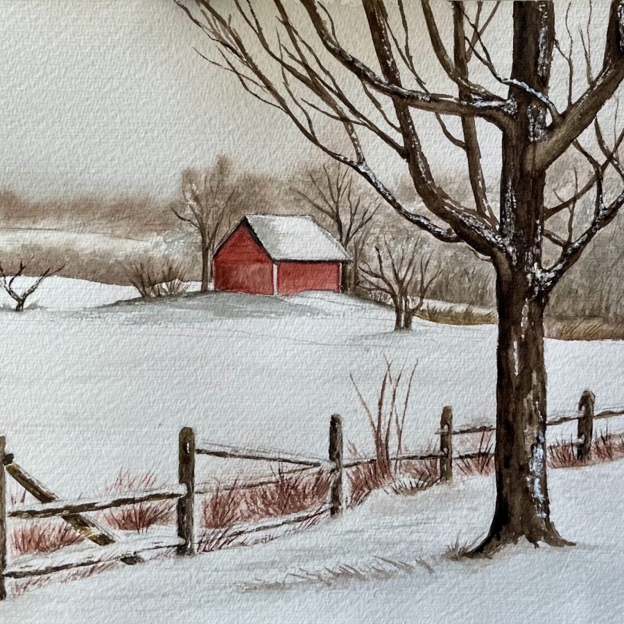 Winterlandschaft mit roter Hütte, Zaun Aquarell Natur
