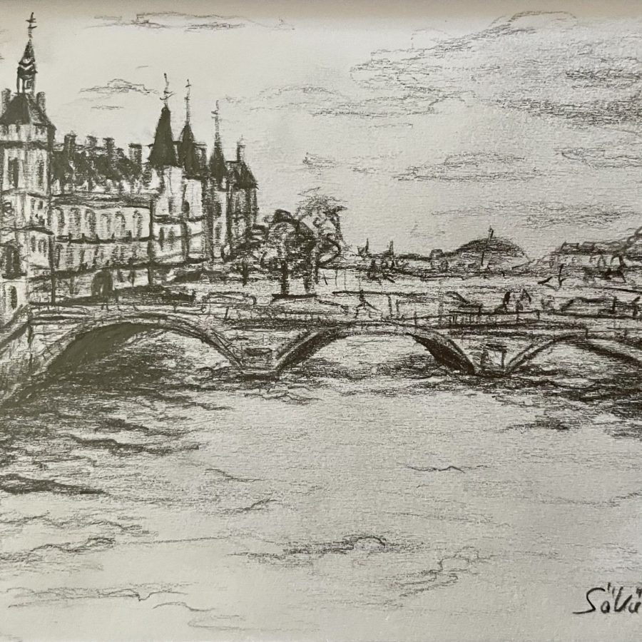 Stadtbild in Bleistift Zeichnung mit Brücke